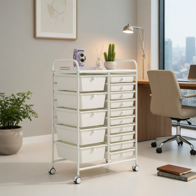  Chariot de rangement roulant à 15 tiroirs avec roues verrouillables, structure en acier robuste, organisateur utilitaire pour la maison, le bureau, le garage et la salle de classe, beige