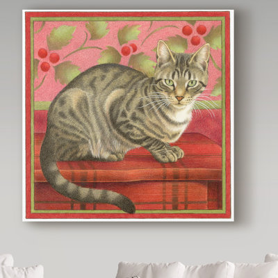 «Grey Cat on Red», reproduction de peinture acrylique sur toile tendue Furtado
