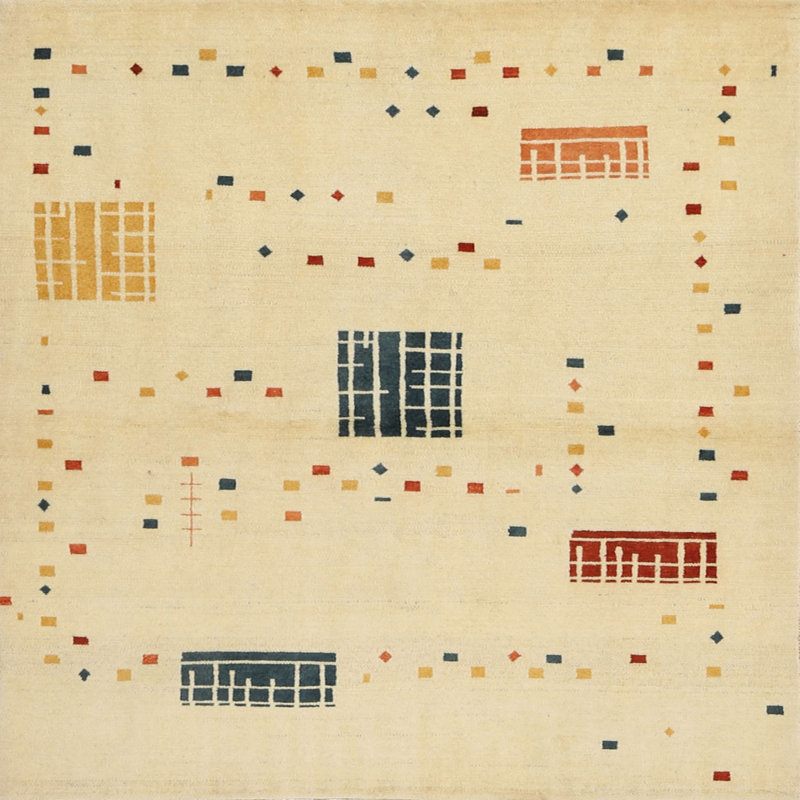 Tapis contemporain beige / noir / rouge, Carré 3 pi