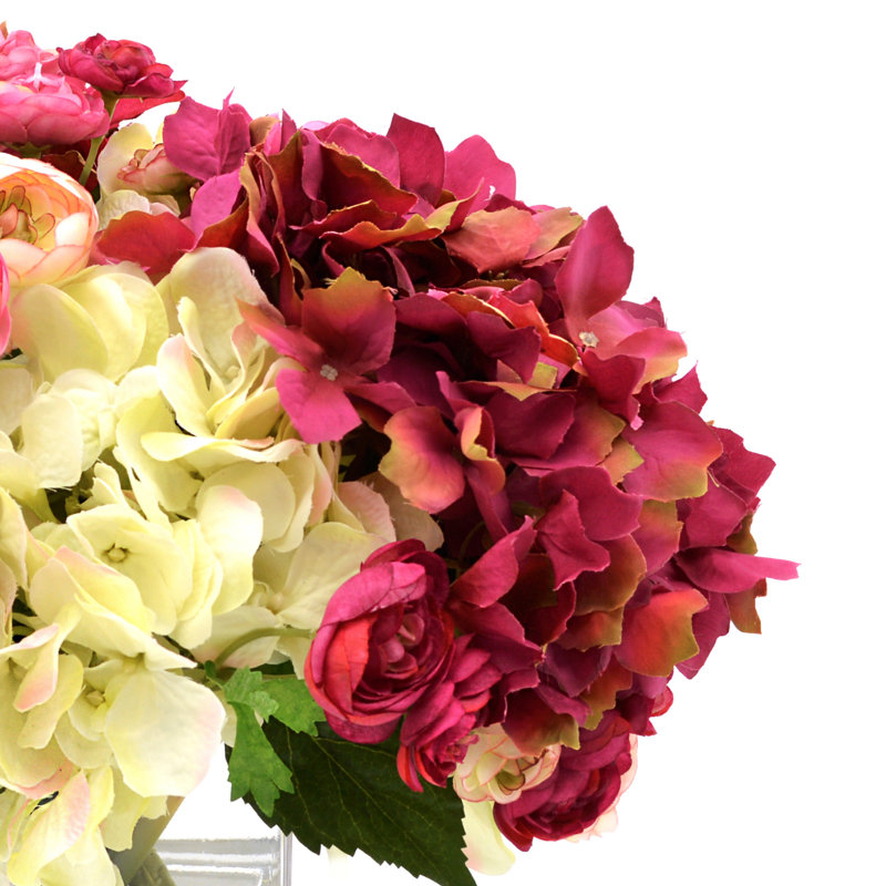 Assorted Hydrangeas And Ranunculus In Square Glass Vase
