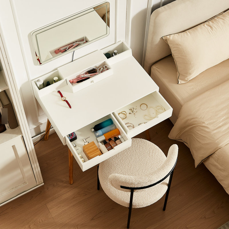 Coiffeuse de 31,5 po avec lumières à DEL à intensité variable de 3 couleurs, miroir amovible de 23,6 po x 13,7 po et rangement à 2 tiroirs pour les petits espaces