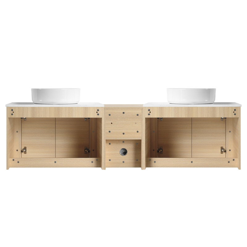 Meuble-lavabo mural avec lavabo d'art en céramique et tablettes de rangement, porte à fermeture en douceur, Blanc brillant