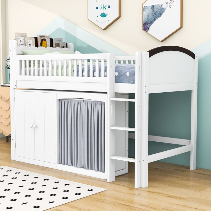 Lit mezzanine en bois avec garde-robe et tête de lit à DEL, Lit simple, Blanc