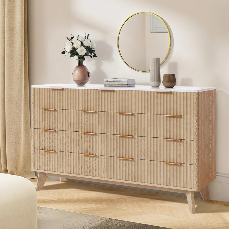 54" Fluted 9 Drawer Wood Dresser with Metal Handles & Curved Profile, Modern TV Stand, Natural