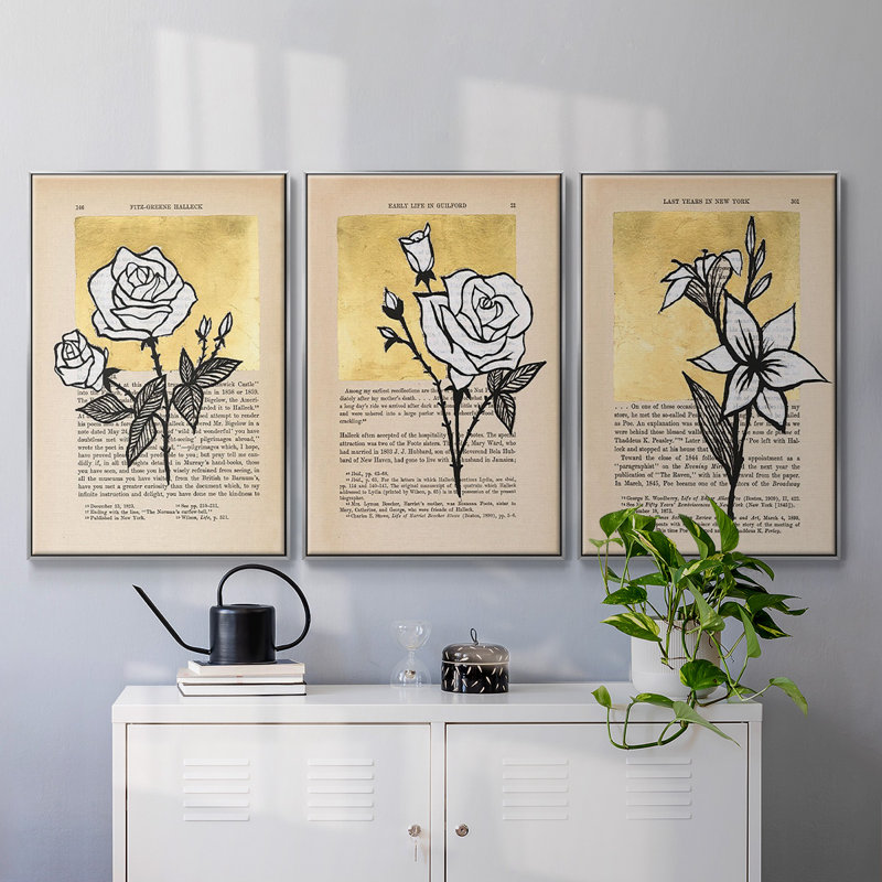 Floral Diary I, encadré sur toile, 3 pièces, Encadrement argenté, H 36 po x l 72 po x P 2 po