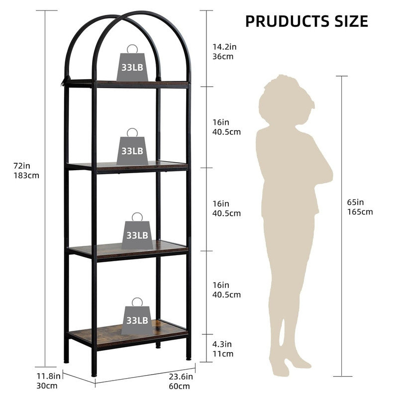 60cm W Metal Standard Bookcase, Brown, (4 Shelves) 182.9cm H x 60cm W x 30cm D