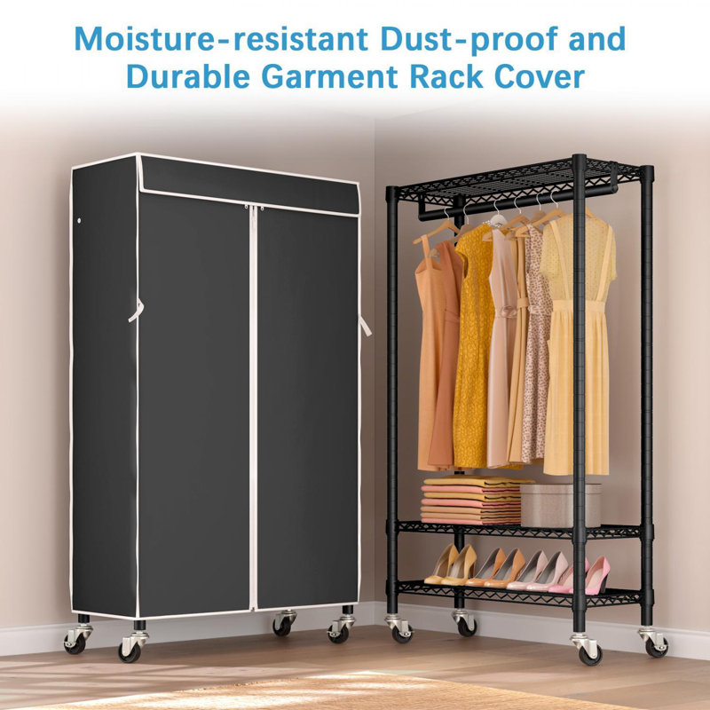 Black Portable Rolling Clothes Rack with Gray Cover