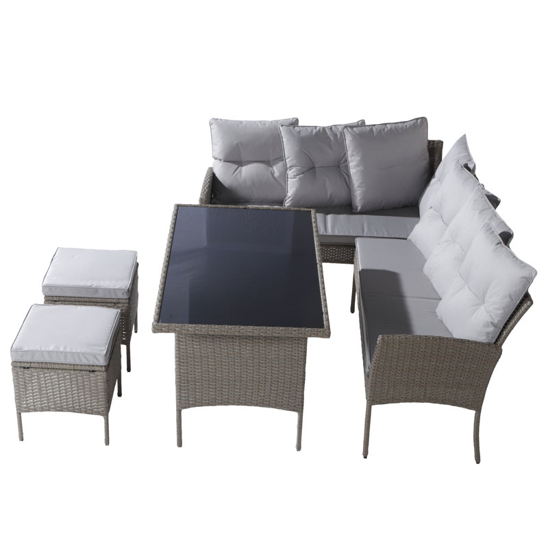 Pizano 7 - Person Patio Dining Set with Rectangular Table , Cushions Included, Brown, Beige