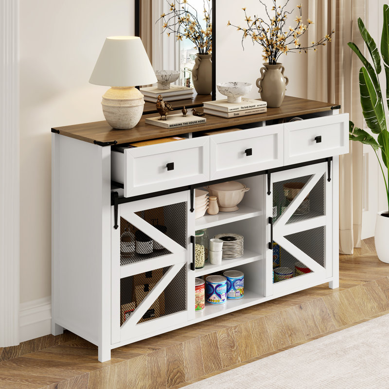 Buffet 55 po avec 3 tiroirs, tablettes réglables et rangement industriel, Blanc
