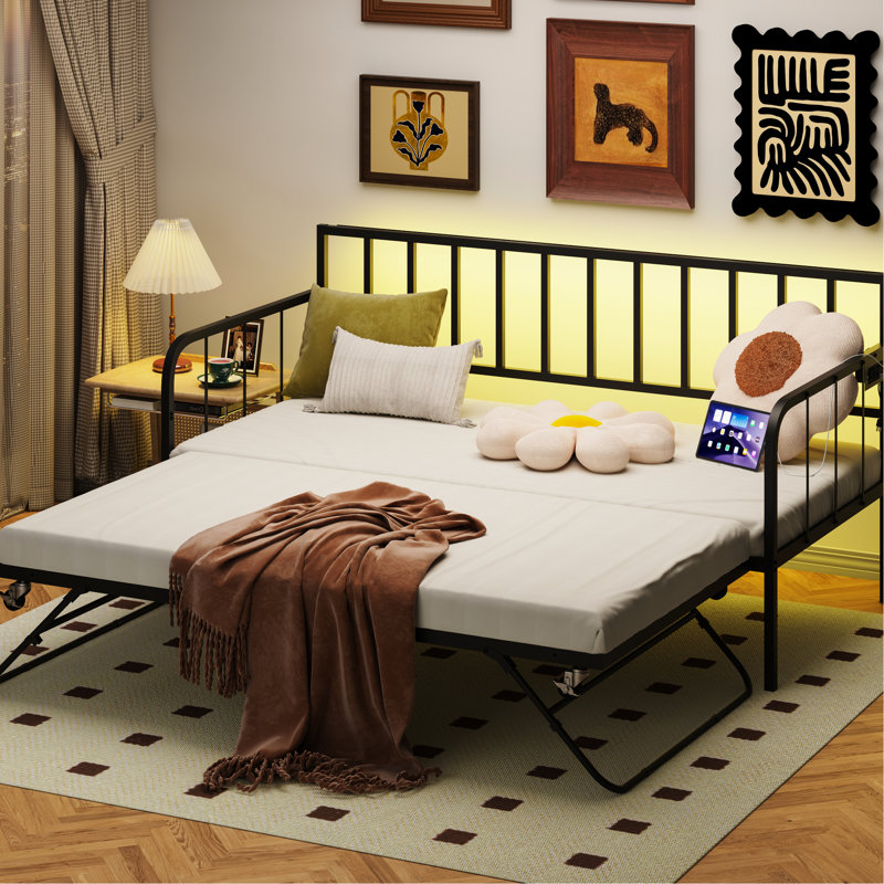 Space - Saving Twin Daybed With Trundle, Black Metal Bed Frame, Corrosion And Robust, Under Storage, Fits Different Room Designs Nicely, Fast Assembly Effort Stable, Blends Well Decor, Effortless