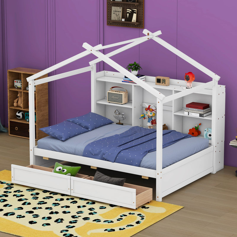 Lit double Tuttletown avec tablettes de rangement et 2 tiroirs Tuttletown, Blanc