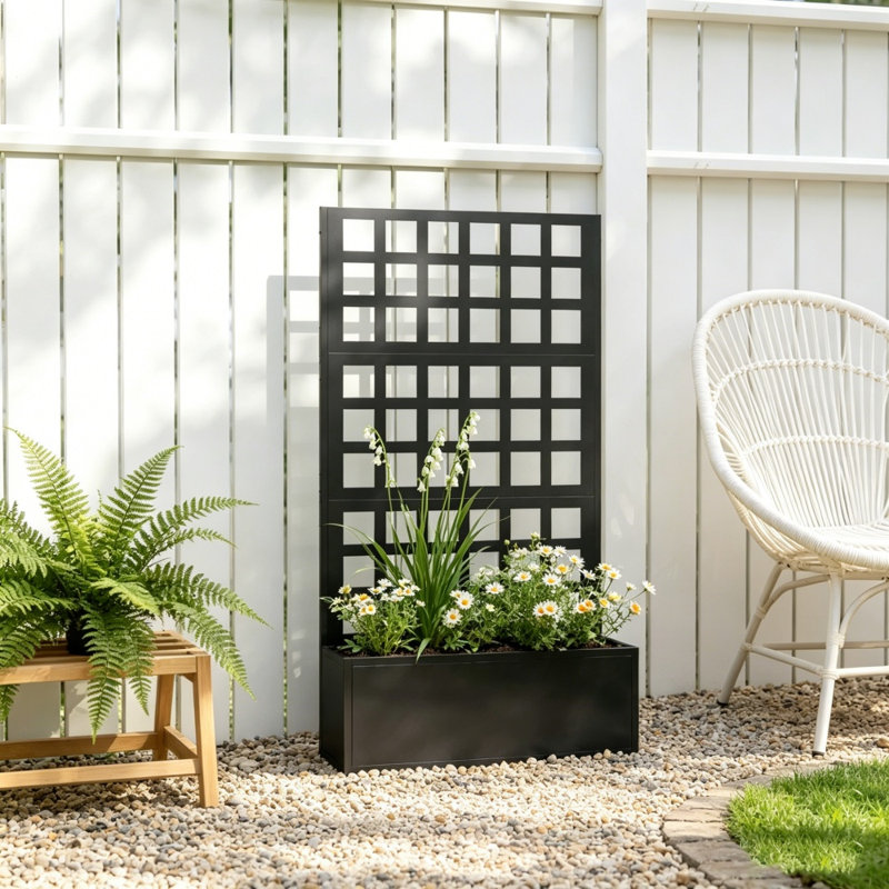 Jardinière en acier galvanisé avec treillis, jardin surélevé avec trous de drainage, Black