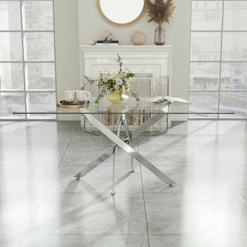 Table de salle à manger rectangulaire en verre trempé avec piédestal en acier inoxydable, Argent