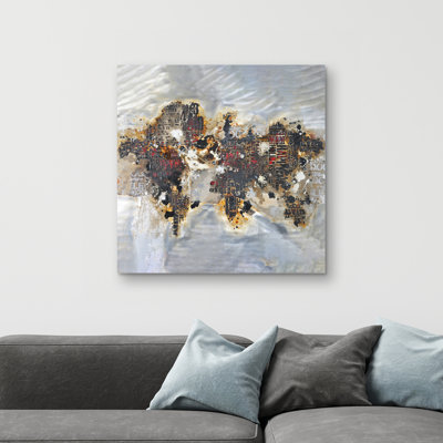 Texturized world map with typography - 32"x32" art on canvas