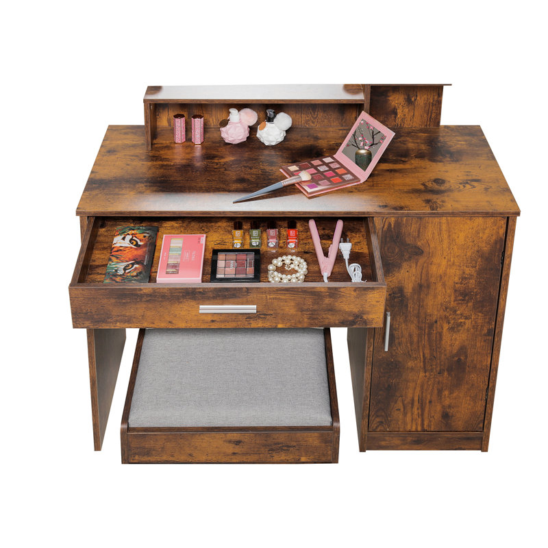 Ensemble coiffeuse avec tabouret et miroir Dasher, Marron