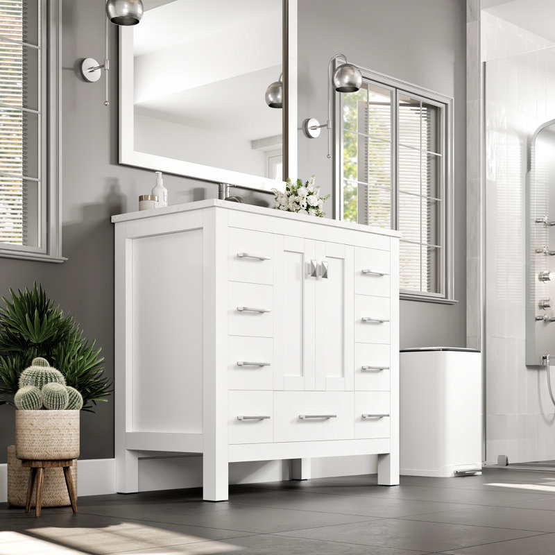 Ethyn 36"W x 18"D Bathroom Vanity with White Carrara Countertop and Undermount Porcelain Sink, Quartz - White Carrara, White