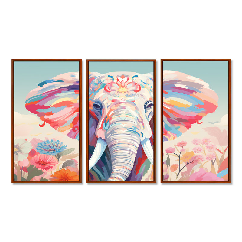 «Pink Elephant Retro Floral Portrait II», ensemble d'art mural éléphant, H 40 po x l 60 po x P 1 po, Cadre flottant brun