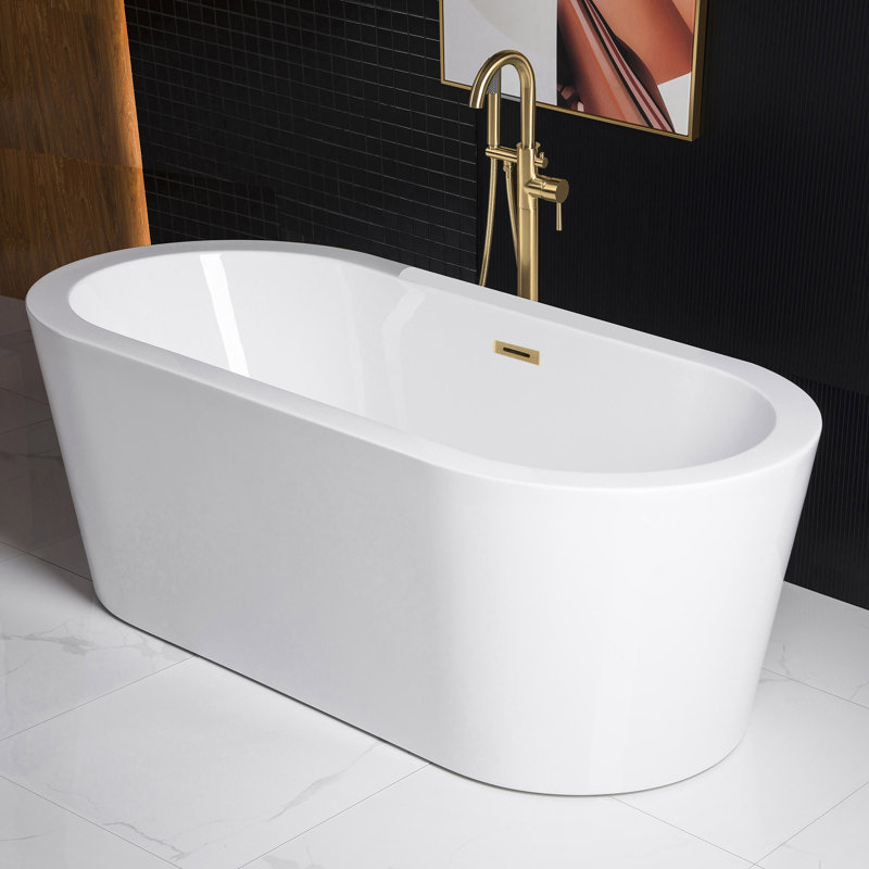 66.38" x 31.75" Freestanding Soaking Acrylic Double Ended Bathtub with Wide Rim, Brushed Gold