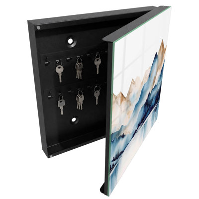 Key storage box, Opens to the left, 30x30x5, Black, Mountain landscape with a watercolor background, 