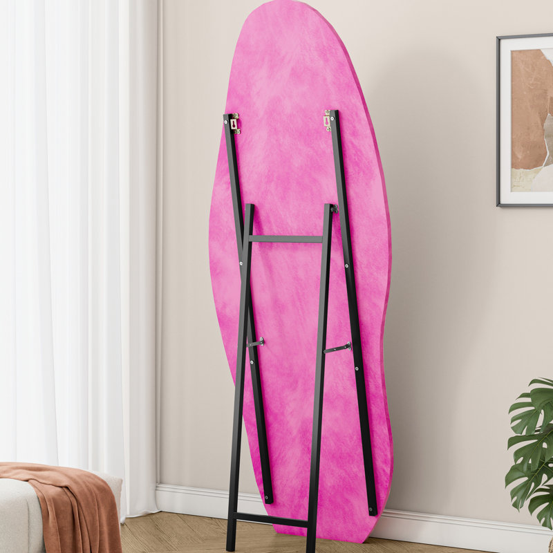 Miroir sur pied pleine longueur 160 x 61 cm, cadre recouvert de flanelle, forme irrégulière unique, rose poudré, revêtement sans danger pour la maison, forme ondulée, haute définition, chambre rose