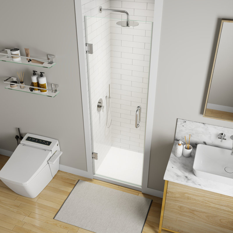 Porte de douche à charnière sans cadre avec verre trempé de 3/8 po x l 24 po x H 72 po, Chrome