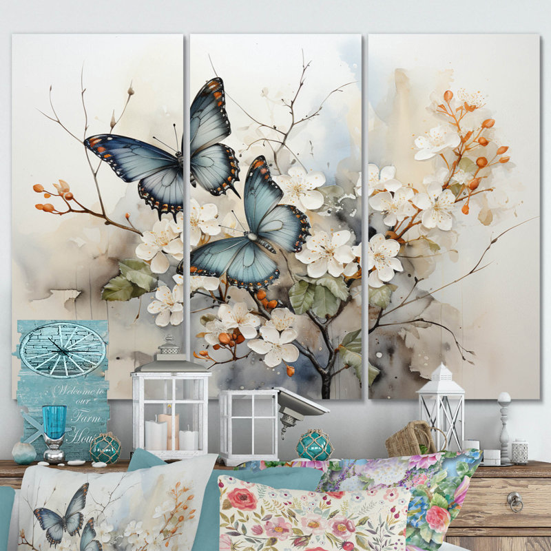 Blue White Butterfly Glimpse Of Serendipity - Animals Wall Art Print Set, H 40 po x l 60 po, Wrapped Canvas