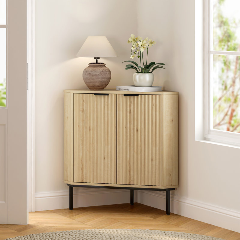 Fluted Corner Cabinet With 2 Doors And 2-Tier Shelves, Light Oak
