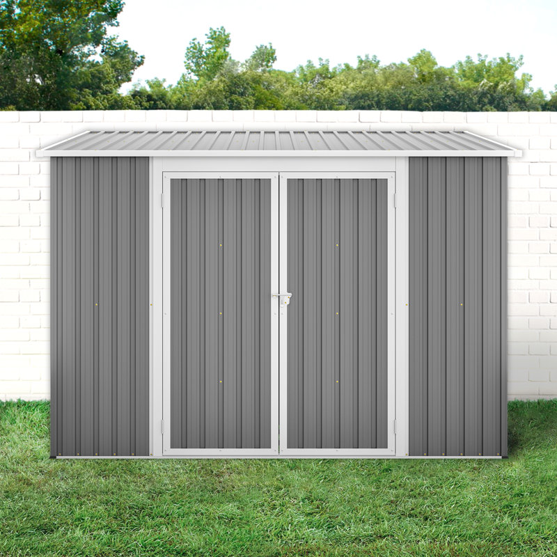 Abri de jardin JAXILYN 2,4 x 1,8 m en métal avec double porte verrouillable, porte latérale réglable et structure en aluminium, gris