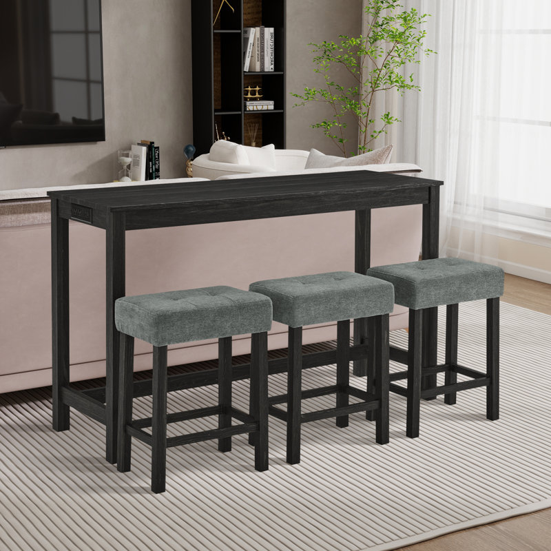 Ensemble de table de salle à manger à 4 pieds pour 3 personnes avec tabourets capitonnés, Noir, Gris