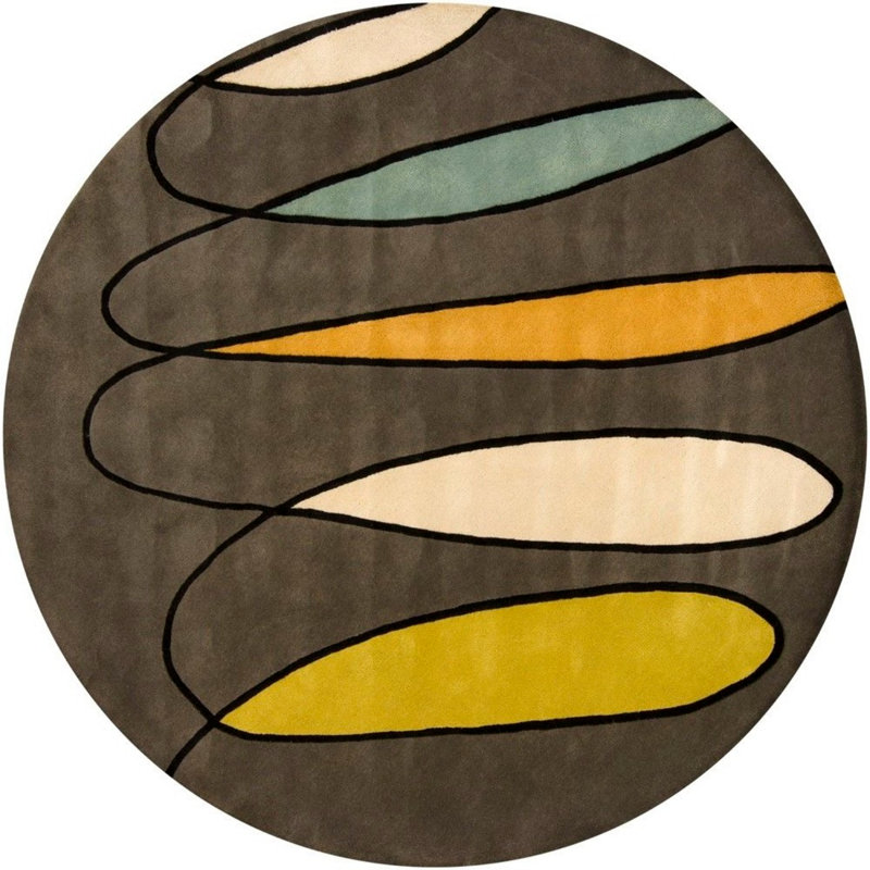 Bense Garza Hand Tufted Wool Modern Area Rug in Gray/Cream/Black, Round 7'9"