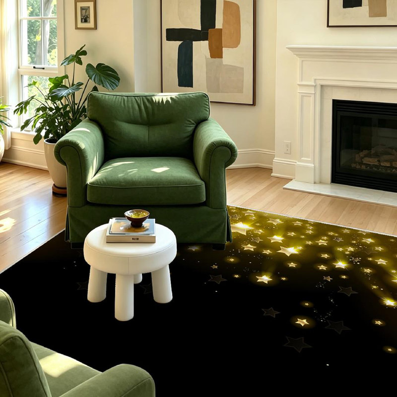 Tapis noir lavable à la machine étoiles étoiles du ciel et étoiles noires, Rectangle 55 po x 79 po