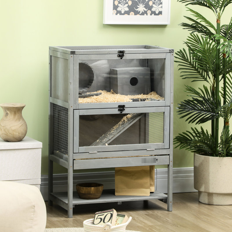 Cage à hamster en bois gris avec rangement et hutte, hauteur 35,5 po, pour 2 hamsters