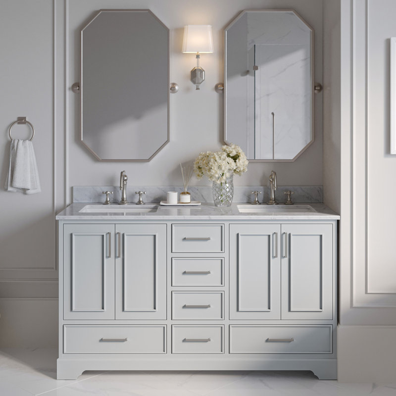 61'' Double Bathroom Vanity with Carrara Marble Top, Gray