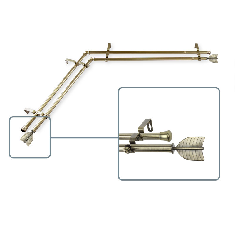 Ensemble de tringle à rideaux double et quincaillerie pour fenêtre d’angle Cox, 28 po-48 po, Laiton antique