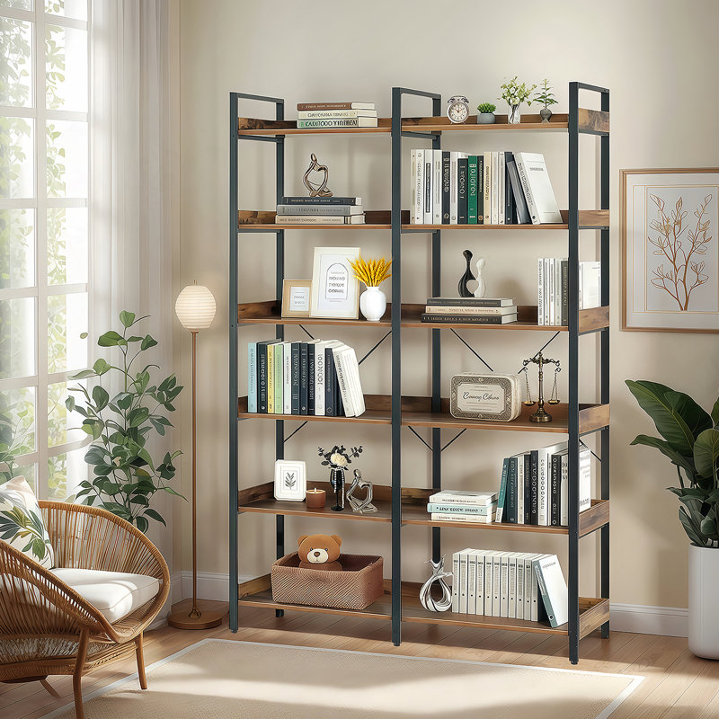 6-Tier Industrial Bookshelf, 67" Wooden Bookshelf With Open Shelves, Freestanding Metal Frame Bookcase For Storage And Display, Modern Book Shelves For Bedroom, Living Room And Home Office, Brown