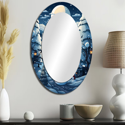 Bonhomme de neige givré bleu et blanc II - grand miroir mural ovale sur métal