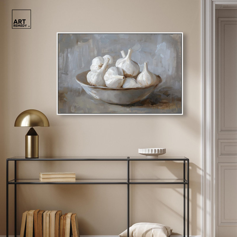 Art sur toile de ferme à l'ail, H 25 po x l 37 po, Cadre flottant blanc