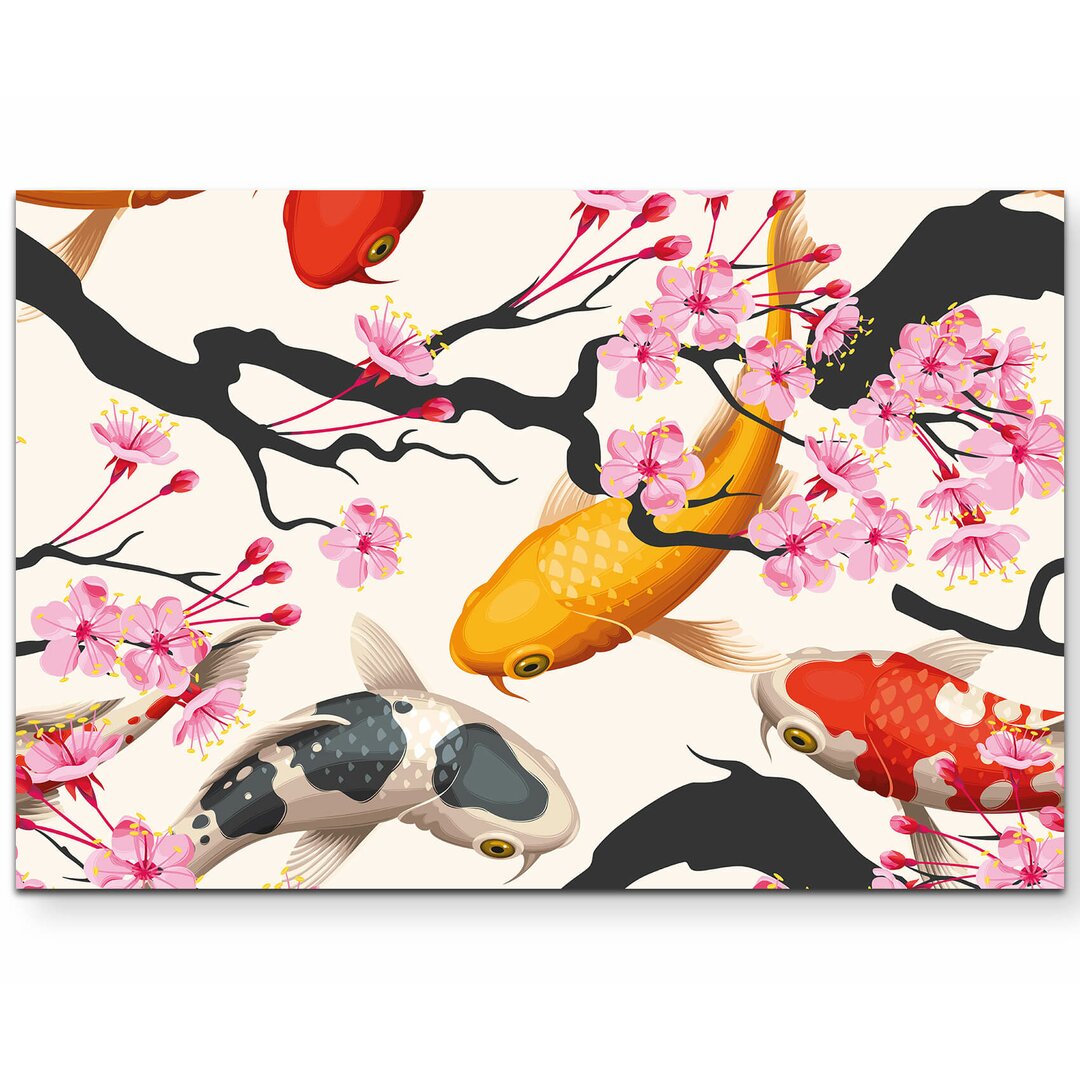 Leinwandbild Koi Fische und japanische Kirschblüte