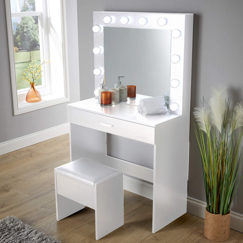 Reniya 1 Drawer Dressing Table Set with LED Mirror, White