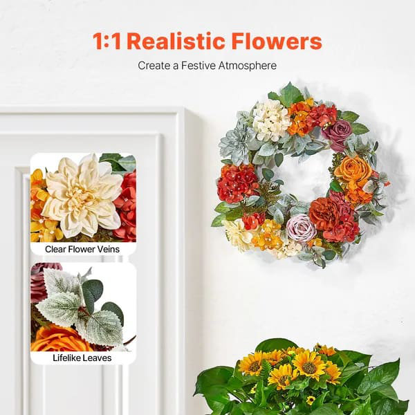 Couronne décorative 24 h avec des hortensias rouges, orange, jaunes et roses toute l'année