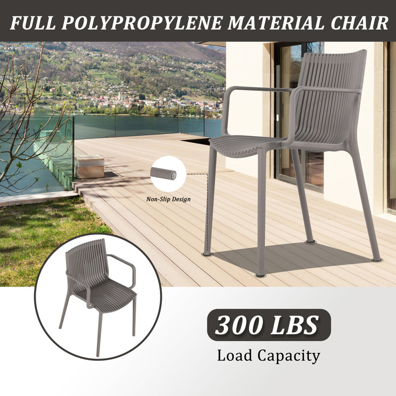 4 fauteuils en plastique gris chaud avec matériau PP résistant aux intempéries, dossier à lattes ergonomique, capacité de 300 lb et plus, patins antidérapants, empilables, assemblables et convenant au salon et au bureau