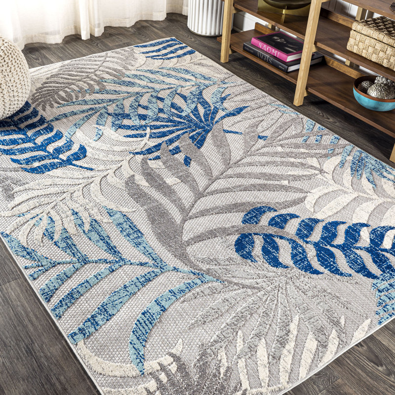 Mandalay Tropics Palm Leaves Indoor/Outdoor Rug, Rectangle 8'8" X 12', Gray/Blue