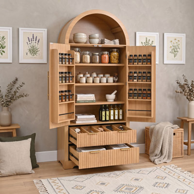 Arched Kitchen Pantry Storage Cabinet with Fluted Doors, 2 Smooth-Glide Drawers, 8 Adjustable Door Shelves, and Open Display Shelf