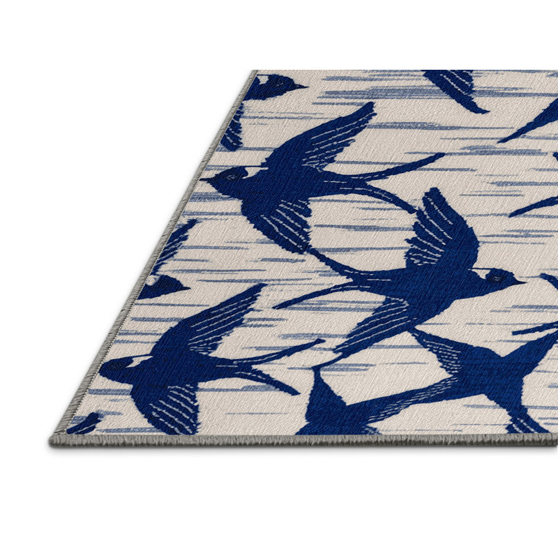  Tapis lavable bleu et blanc à hirondelle, Carré 6 pi