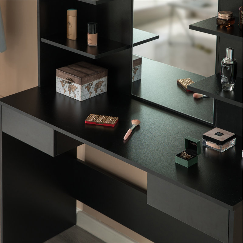 Coiffeuse moderne en bois massif avec miroir, Noir