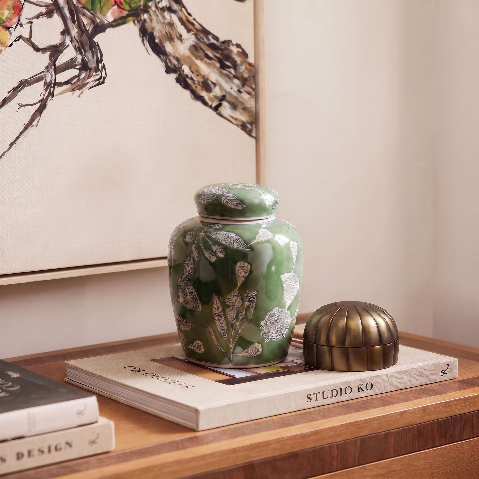 Chadwicks Ceramic Ginger Jar, 4.2" H x 12" W x 9.25" D, Green