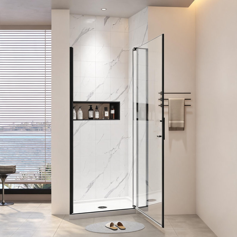 Porte de douche pivotante universelle en aluminium noir mat de 71 à 81 cm x 183 cm avec verre trempé et ouverture extérieure