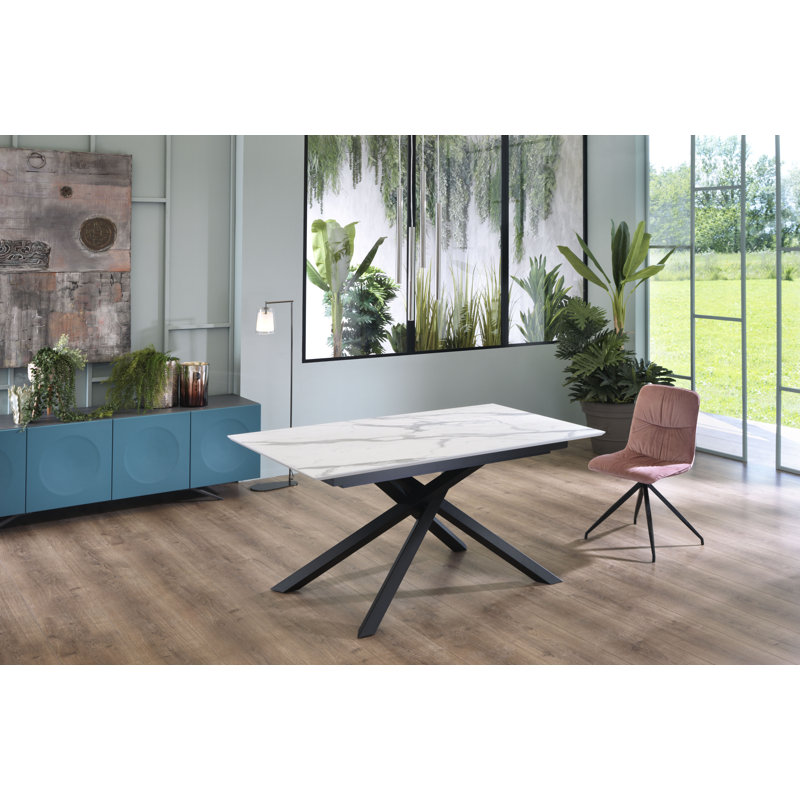 Rawley Extendable Metal Base Dining Table, Calacatta Marble, Black