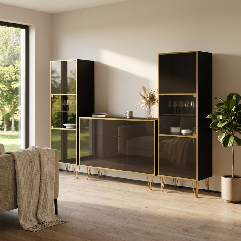 Cawanna 103" Modern Entertainment Center with High Gloss Finish, Black