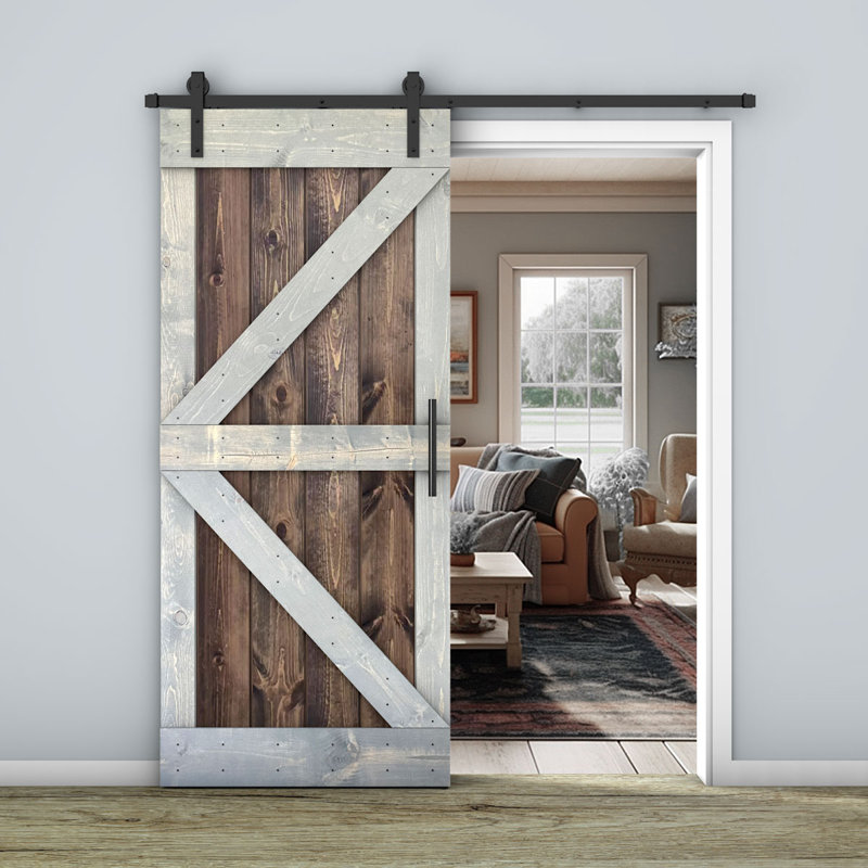 Porte de grange lambrissée peinte en bois et en métal, Noyer / gris, 36 po x 84 po
